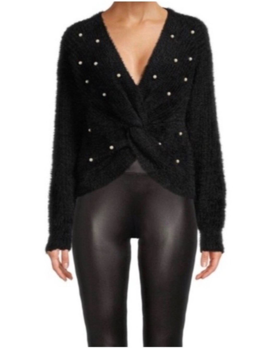 Jessica Simpson Black Pearl-Accent Twist Front V-Neck Sweater